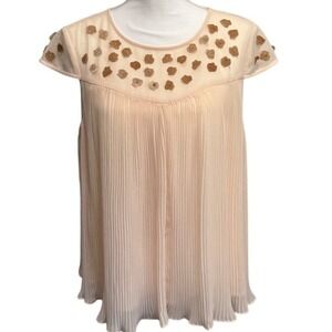 Lauren Conrad Womens‎ Top L Peach Pleated Embellished Sheer Party Blouse